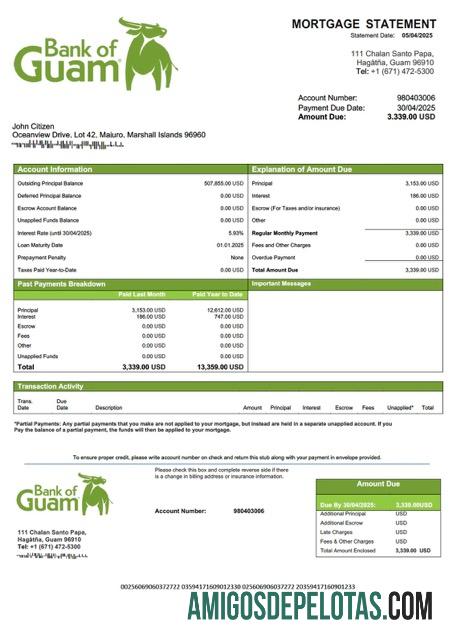 em branco Modelo Word e PDF de declaração hipotecária do Banco de Guam das Ilhas Marshall